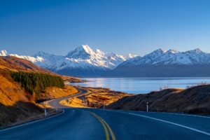 Winding Road Along Lake Pukaki to Mount Cook National Park in the Southern Alps | New Zealand Holidays | The Ultimate Travel Company