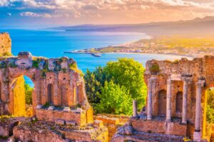 The Ruins of Taomina Theatre at Sunset in Sicily | Luxury Italy Holidays | The Ultimate Travel Company