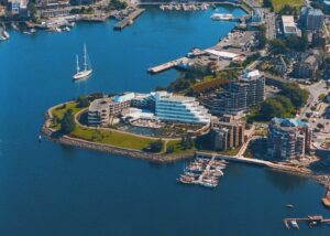 Inn At Laurel Point, Victoria | Canada | Aerial view of a coastal resort area in British Columbia with a marina and boats | The Ultimate Travel Company