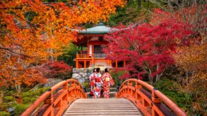 Young Women Wearing Traditional Japanese Yukata at Daigo-Ji Temple, Kyoto | Luxury Japan Holidays | The Ultimate Travel Company