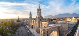 Panoramic View of a Cathedral and Plaza at Sunset in Arequipa | Luxury Peru Holidays | The Ultimate Travel Company