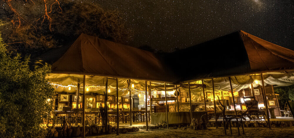 Meno A Kwena, Makgadikgadi Pans | Botswana | view of tent in night | The Ultimate Travel Company