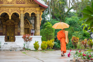 Monk with an Umbrella on a City Street in Lounagphabang, Laos | Indochina Holidays | The Ultimate Travel Company