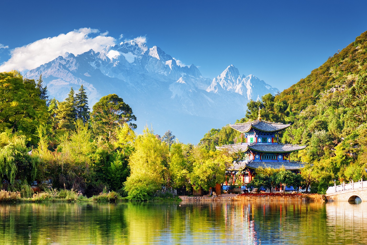 The Jade Dragon Snow Mountain and the Moon Embracing Pavilion on the Black Dragon Pool in the Jade Spring Park in Lijiang | Luxury China Holidays | The Ultimate Travel Company