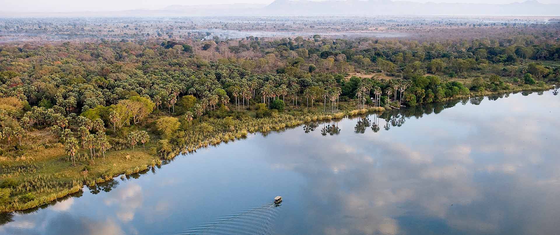 Mvuu Wilderness Lodge, Liwonde National Park | Malawi | aerial view of the lake | The Ultimate Travel Company