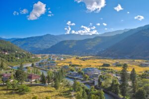 Landscape overlooking Paro City in Bhutan together with the surrounding golden rice fields during later afternoon. Taken during October or the autumn season.