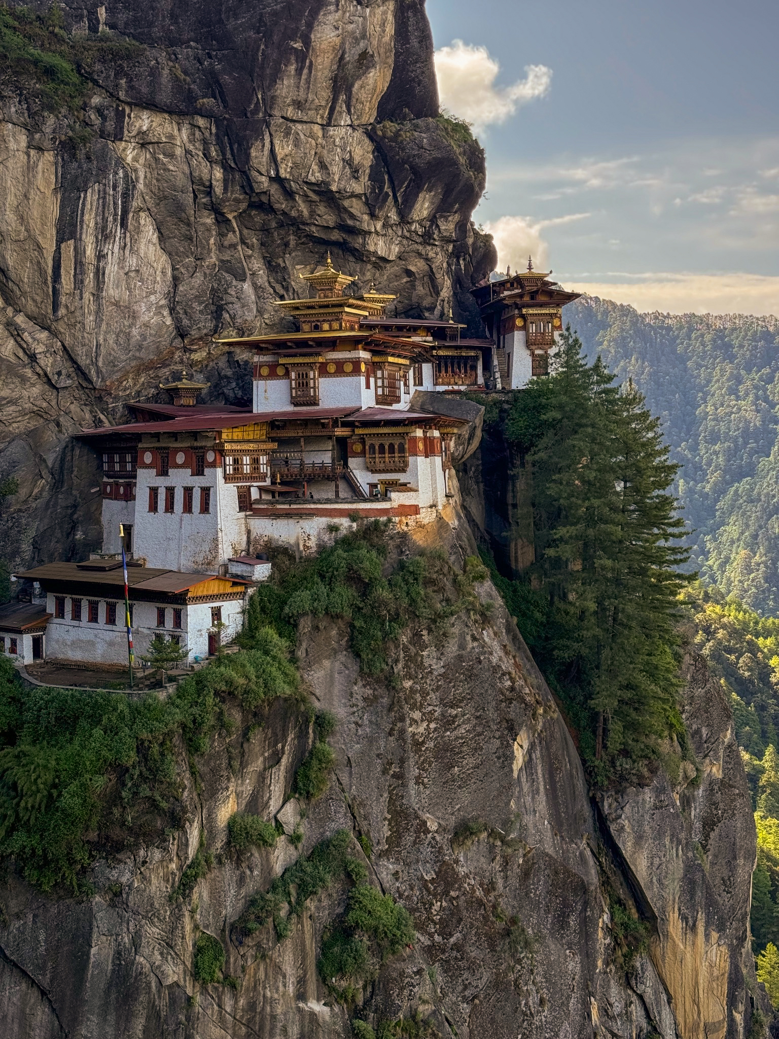 Tiger’s Nest Monastery (Paro Taktsang) perched dramatically on a cliffside in Bhutan, surrounded by lush green forest and rugged mountain rock formations under a clear sky.