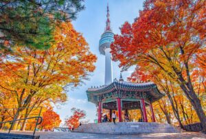 Namsan Tower and Traditional Korean Pavillion During the Autumn in Seoul | Luxury South Korea Holidays | The Ultimate Travel Company