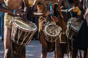 African,Botswana,Youth,Playing,Drums,Made,Out,Of,Animal,Skin