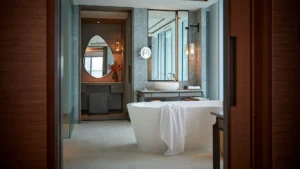 An En-Suite Bathroom at Signiel Busan at Night | Luxury South Korea Holidays | The Ultimate Travel Company