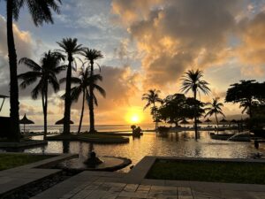 Sunset over the horizon, beach and palm trees