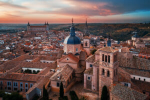 Aerial,View,Of,Toledo,Town,Skyline,With,Historical,Buildings,At
