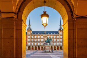 Old,Town,Madrid,,Spain's,Plaza,Mayor,In,The,Morning,Light